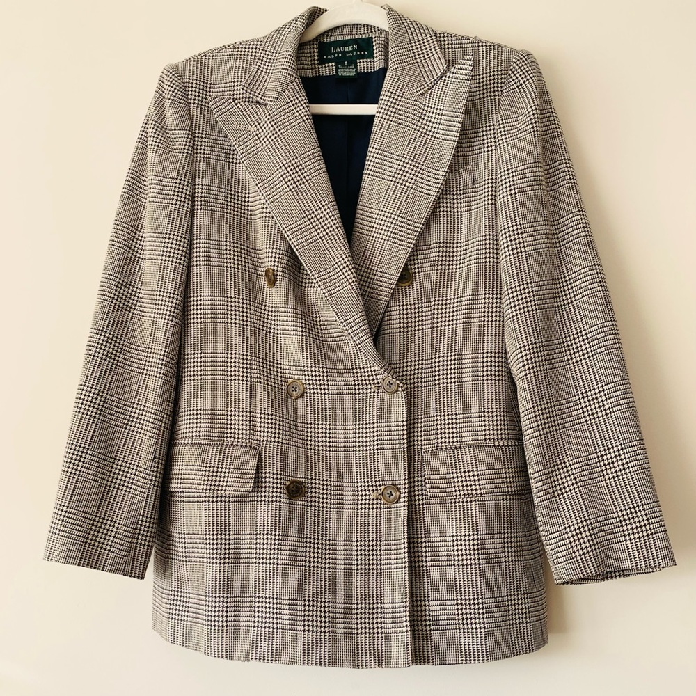 Lauren Ralph Lauren Double Breasted Glen Plaid Blazer Women Size 6 Beige